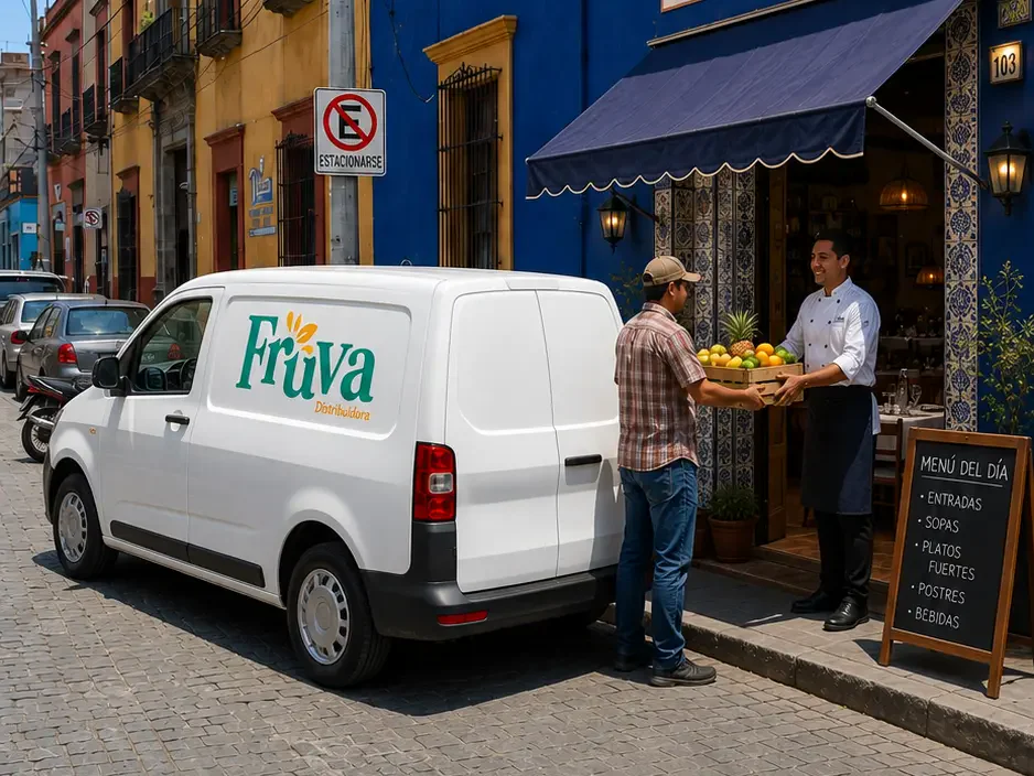 Repartidor de Fruva entregando una caja de fruta fresca al chef de un restaurante