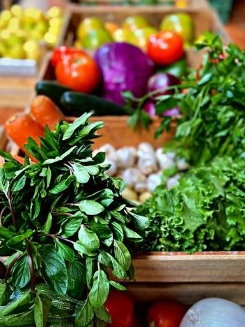 Hierbas frescas, lechuga y champiñones en caja de madera